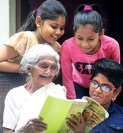 Her great-grandchildren, 12-year-old Aparna and nine-year-old Anjana have trained her in reading and writing