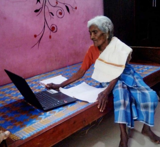 Using the laptop gifted by Kerala's education minister, karthayani Amma is also learning to be tech-savvy