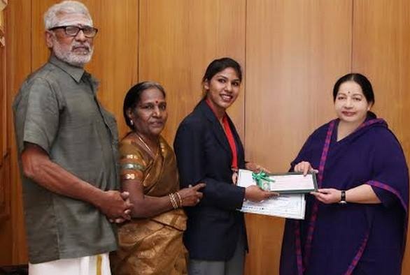 Chief Minister of Tamilnadu Jayalalitha honoured Bhavani-Devi with INR 3 lakh