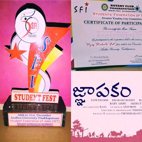 At SFI student fest, yet again, his film Gnapakam was selected as the Best Film in the year 2019