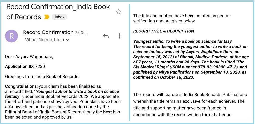 Aayurv has set his page firm in the India Book of Records as the youngest author to write a book on science fantasy at the age of 7 years on 23rd Nov 2020
