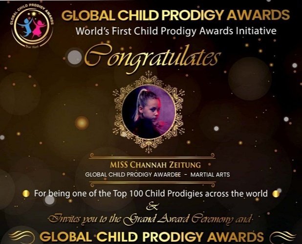 Channah Zeitung received the Global Child Prodigy Award for SportsMartial Arts on January 3, 2020