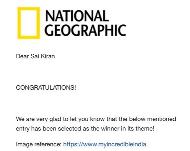 SaiKiran pabbala received a Certificate of Recognition from the National Geographic Society for his outstanding contribution to photography