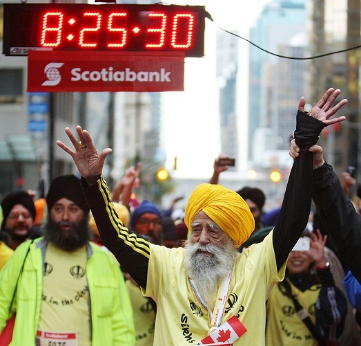 he became the first 100-year-old to finish a marathon, completing the Toronto Waterfront Marathon