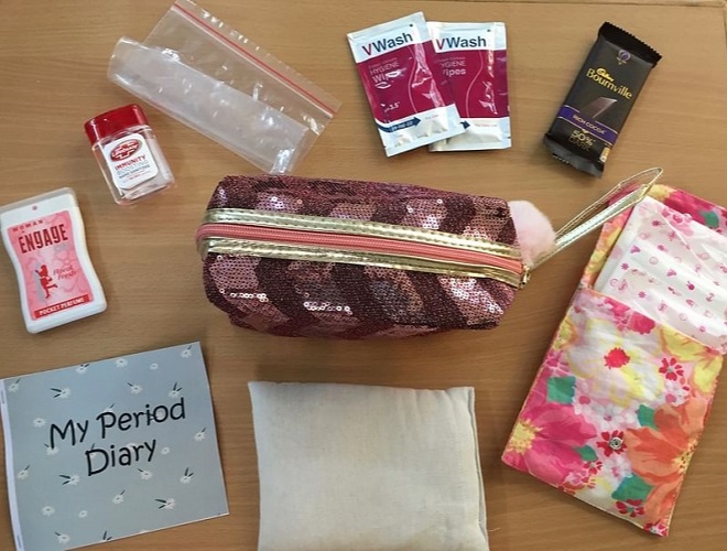 The Lil Lady kit includes a padded cover, two organic pads, two intimate wipes etc