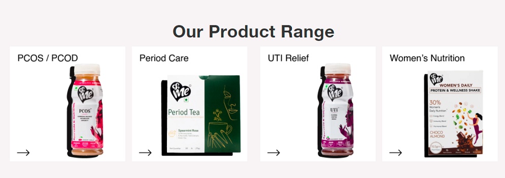 Their wide range of products include PCOS drink, PCOS tea, period tea, period chocolate, UTI drink, acne drink, hair fall drink, protein powder, as well