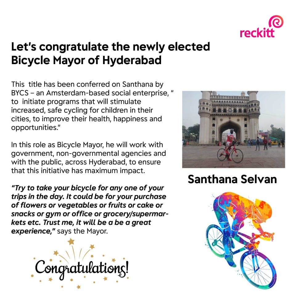 Amsterdam-based social enterprise Bycs has chosen Hyderabad's Santhana Selvan as the Bicycle Mayor of Hyderabad