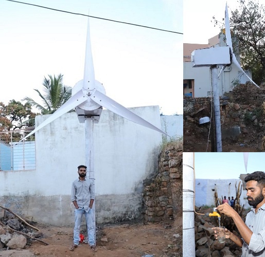 This wind turbine provides 80 to 100 litres of water per day, also allowing him to pump water from the borewells by using a motor