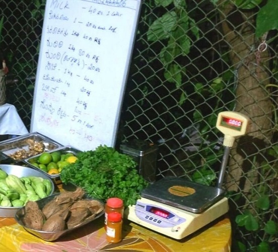 her customers drop by and purchase vegetables following the chart that lists the pricing