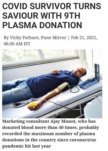 Ajay Munot has made 14 Plasma donations and more than 41 blood donations making place in the India Book of Records