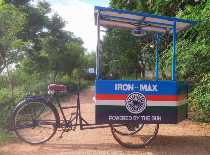 Vinisha designed a mobile ironing cart that runs on solar power to ignite the steam iron box