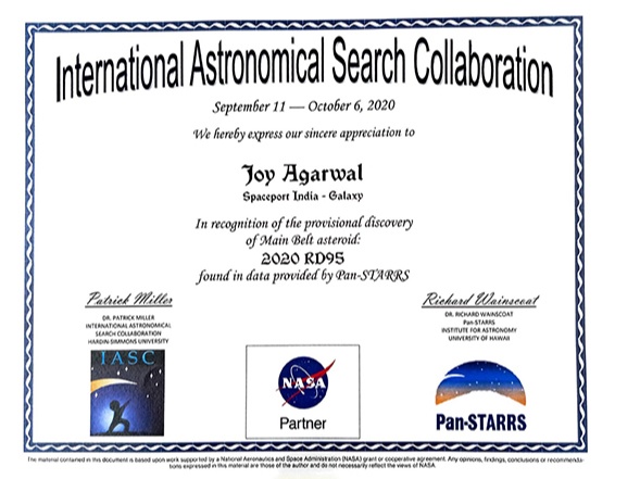 Joy agrawal discovered 2 asteroids - 2020 RD95 AND 2020 RJ83